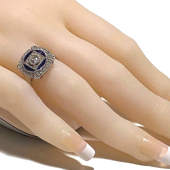 Sapphire Blue Spinel & Synthetic Diamond Estate Inspired Ring - Size 6, 7 or 8 - Picture 9 of 10